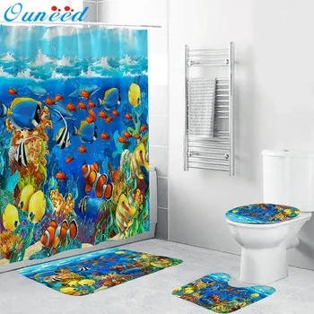 

Ouneed Colorful ocean world pattern Waterproof Bathroom Shower Curtain 4PCS set Non Slip Toilet Polyester Cover Mat Set 2020 new