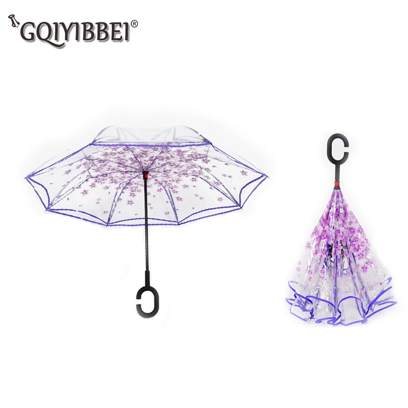

GQIYIBBEI Double-Layer Transparent Reverse Umbrella C-type Handle Sakura Man Inverted Umbrella Rain Women Raincoat For Car Use