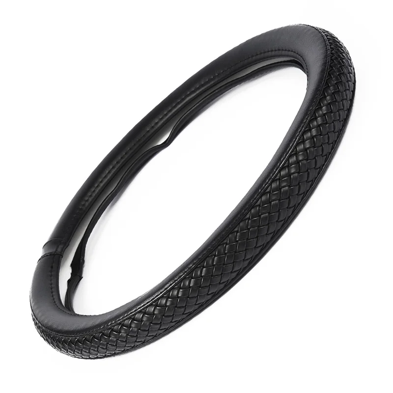 AUTOYOUTH-PU-Leather-Steering-Wheel-Cover-Black-Lychee-Pattern-with-Anti-slip-Braiding-Style-M-Size (2)