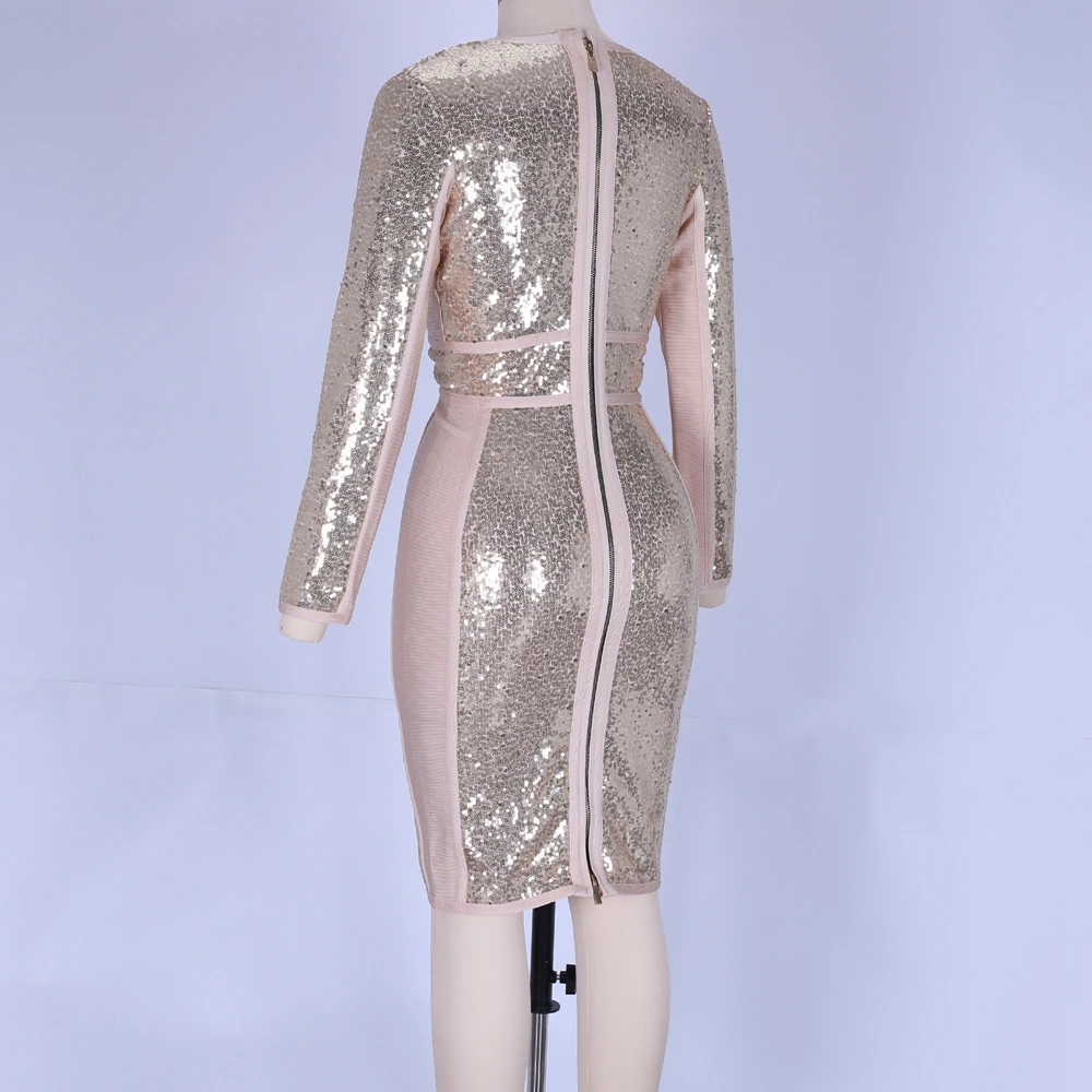 Maketina новое облегающее платье сексуальное платье с глубоким v-образным вырезом Золотое Бандажное платье зимнее Бандажное платье с длинными рукавами и блестками