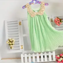 Горячая распродажа! 6 цветов, летнее Плиссированное шифоновое цельнокроеное платье для девочек с воротником с пайетками, детская одежда для малышей Розовый/Зеленый