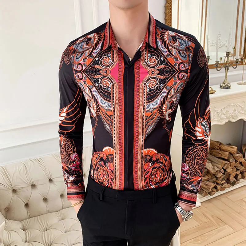 Многоцветный Модная винтажная Роскошная рубашка с принтом для мужчин, Camisa Masculina, Облегающая рубашка для клубной вечеринки, выпускного вечера, мужские рубашки с принтом, Chemise Homme - Цвет: Многоцветный