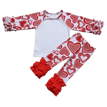 

spring red hearts print ruffle raglan shirt icing ruffle pants children clothing valentine girl outfit wholesale