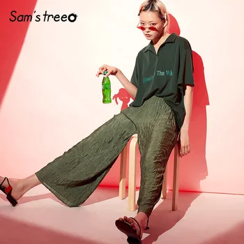 

Samstree Summer Pleated Wide Leg Pants for Women Loose Office Lady Ankle-Length Pants Elastic Waist Plus Size Trousers 2019
