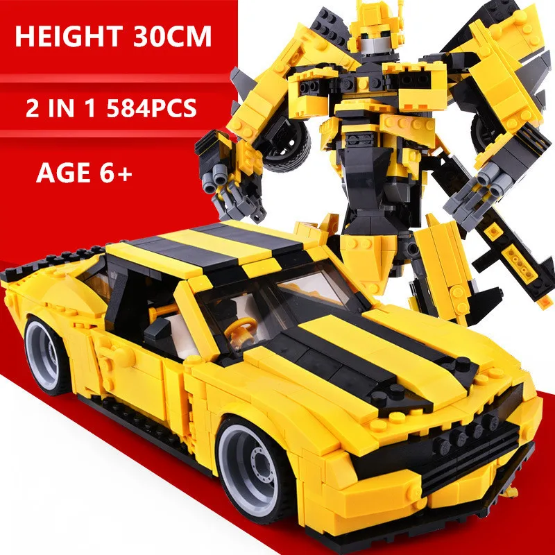 

584Pcs Big Transformation Robot Yellow Car Bricks Technic City Building Blocks Playmobil Educational Toys For Children
