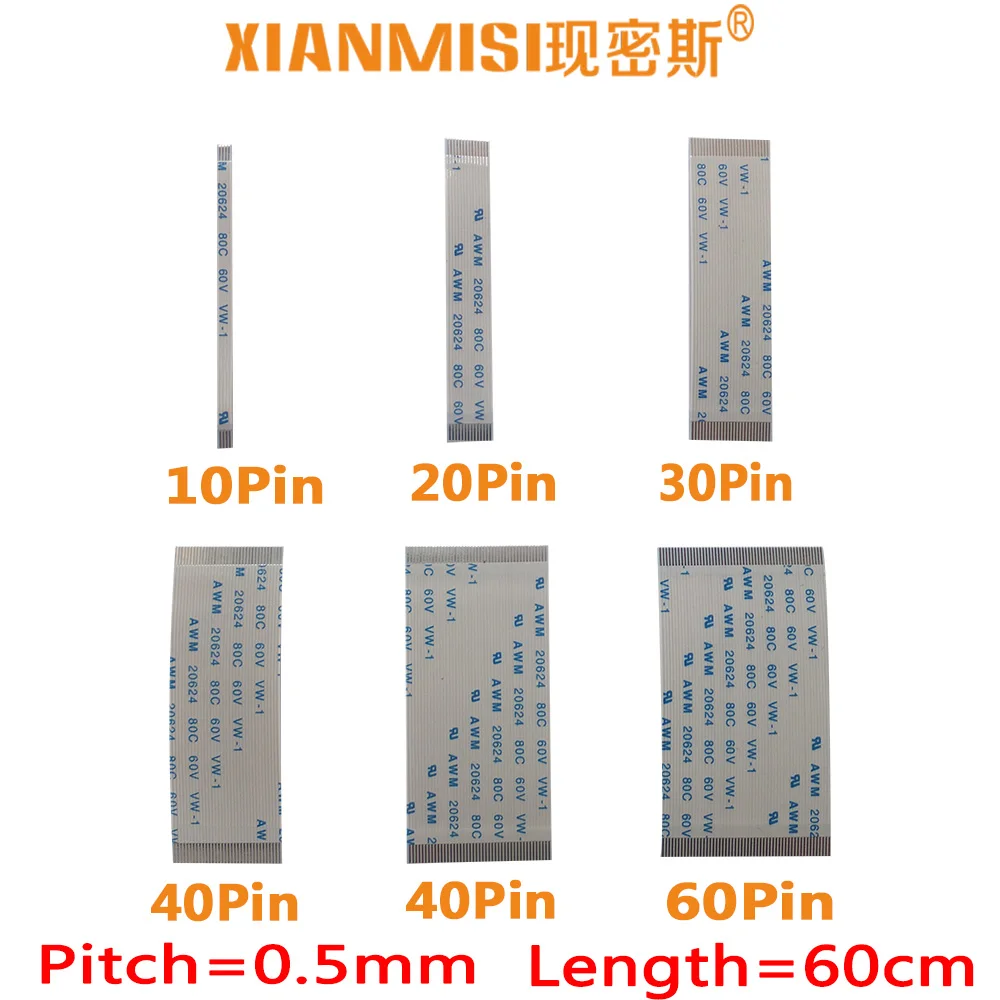 

FFC/FPC Flat Flex Cable 10Pin 20Pin 30Pin 40Pin 50Pin 60Pin Same Side 0.5mm Pitch AWM VW-1 20624 20798 80C 60V Length 60cm 5PCS