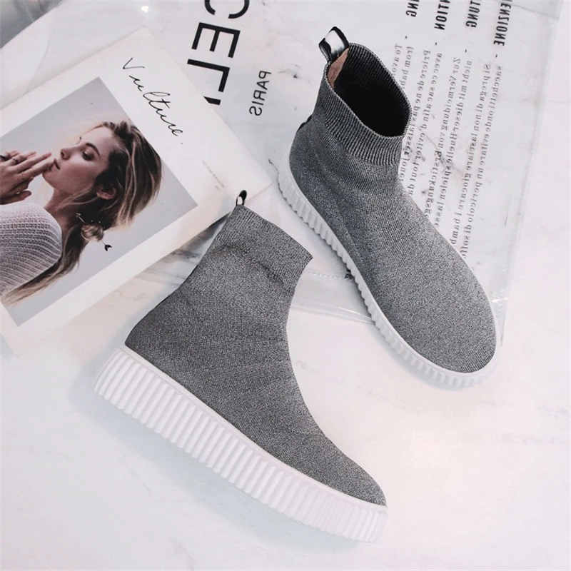 Bottes Noir Msstor Rond rose Concis Mixte Mode Plate Chaussures Pour Cheville Tricoter Dames Couleurs gris L'hiver Casual À forme Coins Noirs Bout KclF31JT