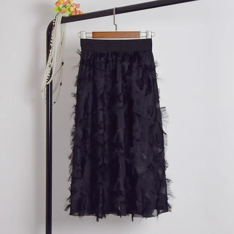 TIGENA модная шифоновая юбка с перьями для женщин летняя Корейская миди-юбка с высокой талией Женская Красивая до колена Милая юбка - Цвет: Черный