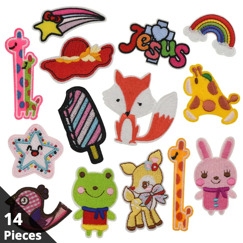 

14 Pieces Lot Cartoon Patch on Clothes Embroidered Iron on Patches for Clothing Stickers Fox Frog Stripe Patchwork Accessories