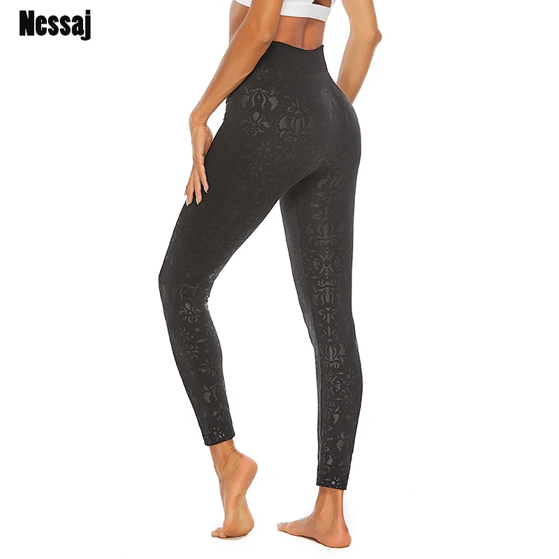

Nessaj S-3XL Plus Size Leggings Seamless Black Flowers High Waist Fitness Pants Push Up Sportswear Tummy Control Leggings Women