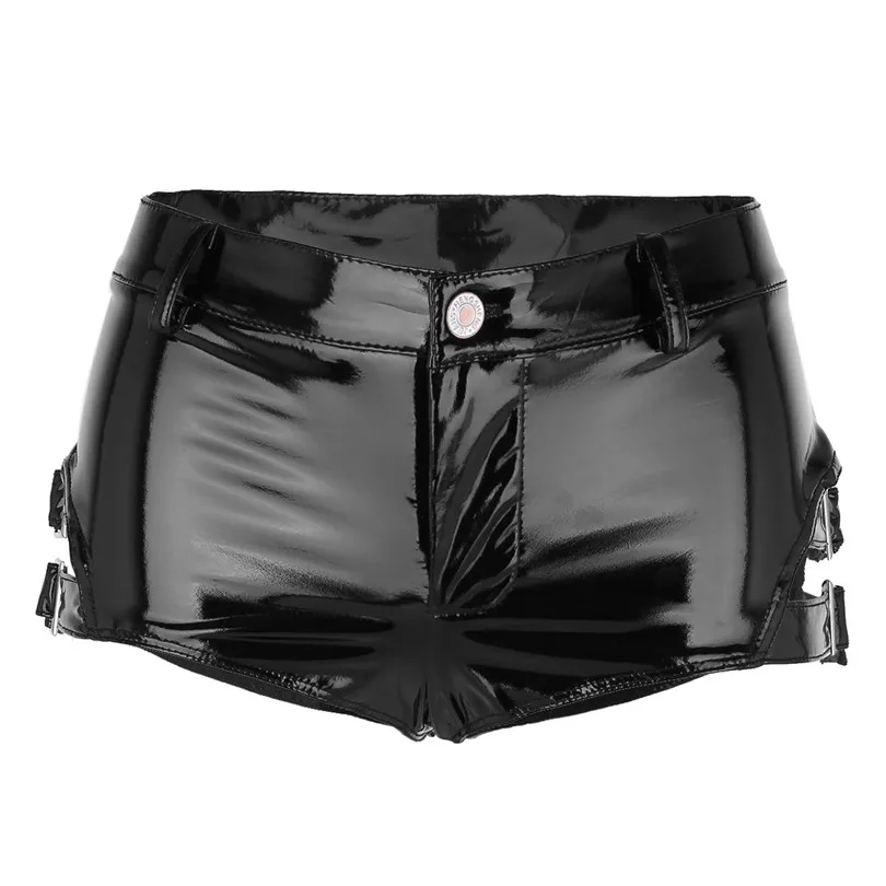 iEFiEL Fashion Women Shorts Wet Look Patent Leather Low Rise Clubwear Mini Shorts Hot Shorts with Buckles Nightwear Clothes women's fashion