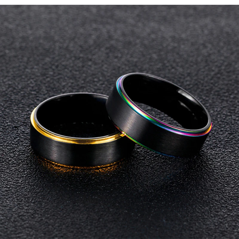 8mm Stainless Steel Couple Rings Black Polish Gold Wedding Engagement Ring Women Men Finger Ring US SIZE