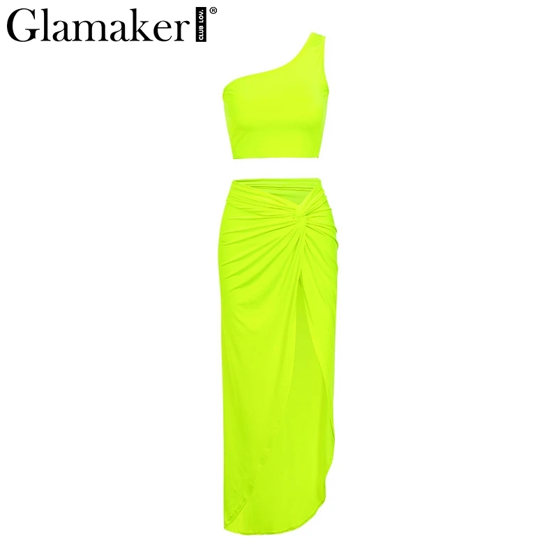 Glamaker, неоновое длинное платье на одно плечо, 2 шт., женское облегающее Клубное платье миди, летнее сексуальное укороченное платье размера плюс, нестандартные платья - Цвет: Зеленый