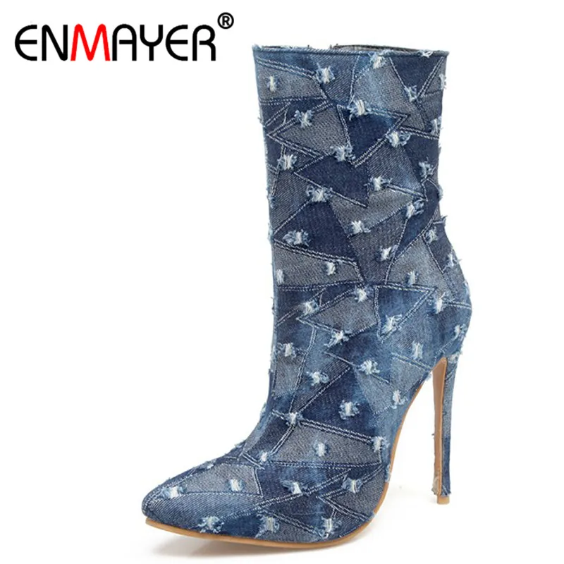 

ENMAYER High Heels Short Boots Shoes Woman Pointed Toe Ankle Boots for Women Plus Size 34-48 Zippers Denim Fashion Boots