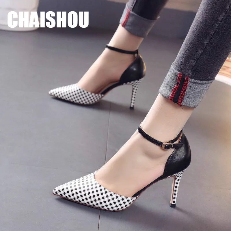 

CHAISHOU Shoes woman sandals 2019 summer new fashion sexy plaid pattern stiletto 8.5CM high-heeled party shoes DZ03