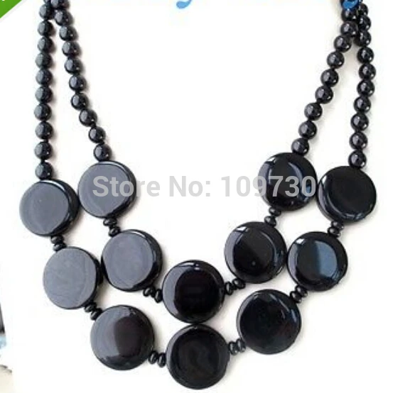 

Jewelr 002985 Double 25mm Black Coin& 8mm Round Onyx Necklace 14KGP GP
