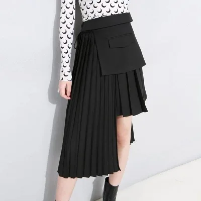 

2019 Spring and Summer Asymmetric Skirt High Street Solid Knee-Length Empire Fold Casual Skirt