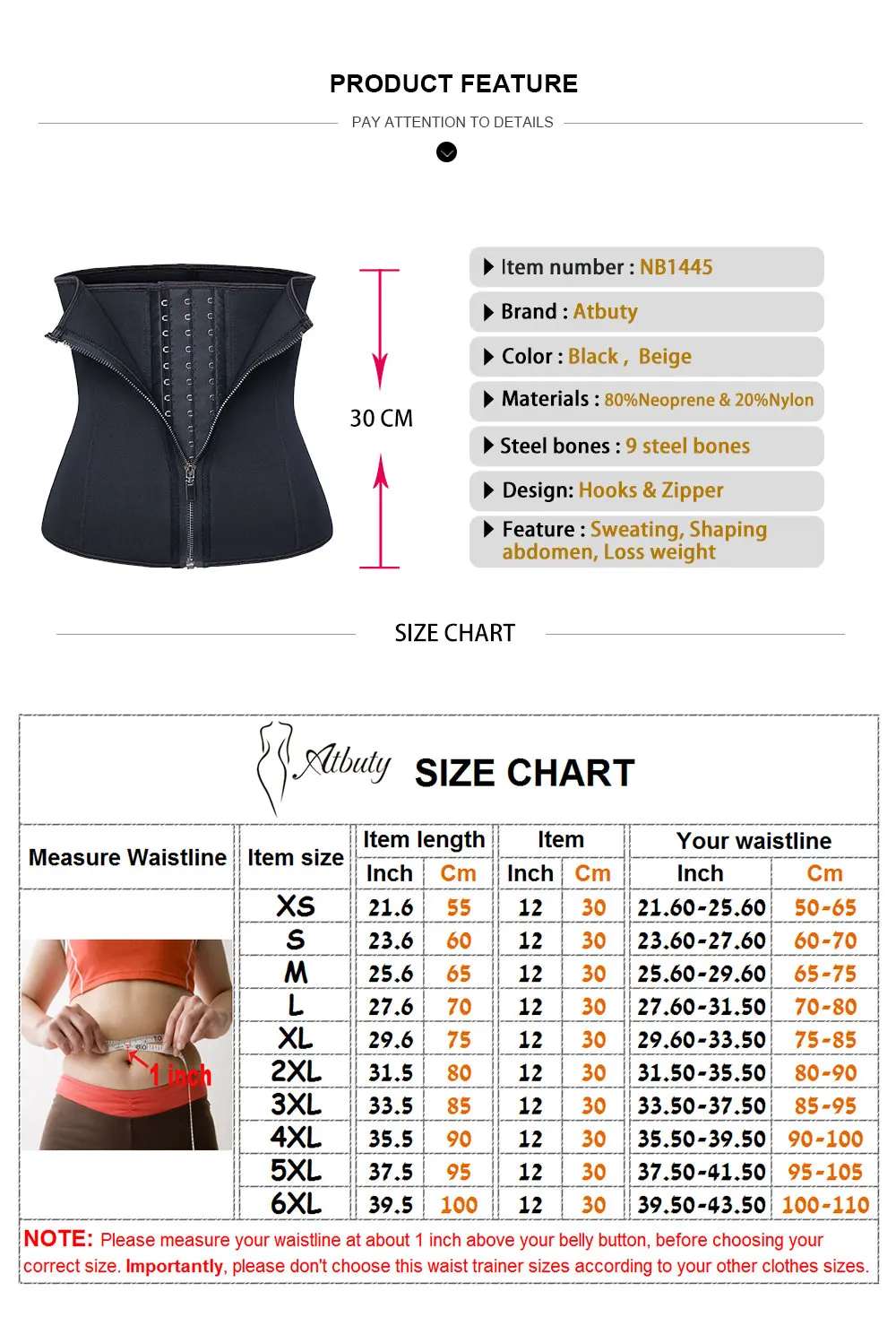 NB1455_01 Atbuty Neoprene Hot Waist Trainer Steel Bones Sweat Body Shaper Hooks and Zipper Corset Keep Warm Shapewear (7)