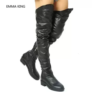 

Black Leather Women Over The Knee Knight Boots Round Toe Rihanna Casual Roman Shoes Woman Winter Thigh High Boots Flats Botas