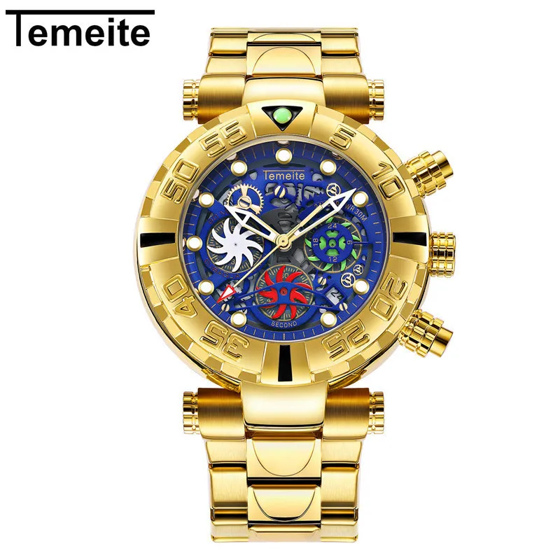 TEMEITE Брендовые мужские наручные часы, кварцевые Многофункциональные мужские часы из нержавеющей стали, водонепроницаемые Роскошные золотые часы с хронографом, креативные часы - Цвет: gold blue