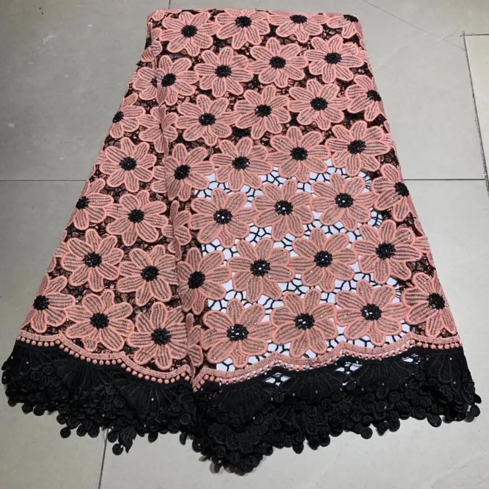

2019 Latest Peach and black French African Lace Fabric High Quality African Embroidered Tulle Lace Fabric For Wedding Dress