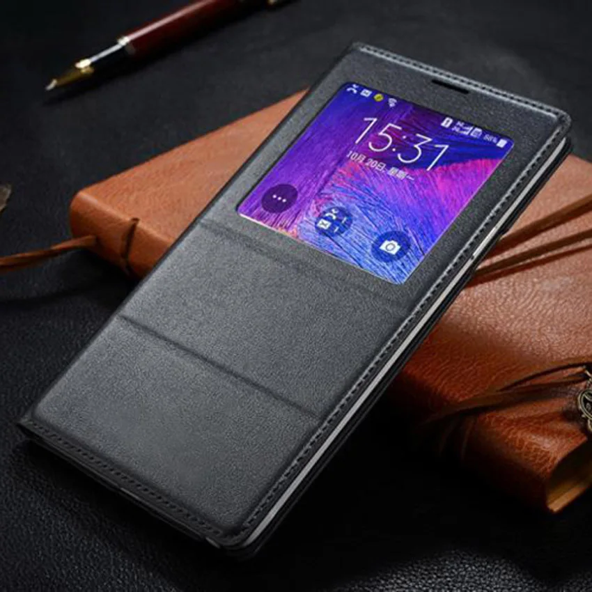 Asuwish откидная крышка кожаный чехол для Samsung Galaxy Note 4 Note4 N910 N910F N910H телефона чехол Smart View с чип - Цвет: Black