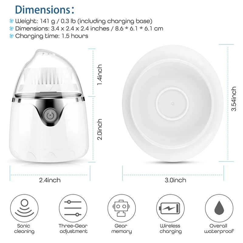 Очищающая щетка для лица, Ipx6 Водонепроницаемая беспроводная зарядная щетка для чистки лица, с 3 режимами и 2 щеточными головками для