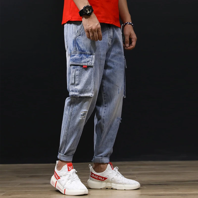 

Japanese Style Fashion Men Jeans Vintage Washed Small Leg Loose Fit Big Pocket Cargo Pants Streetwear Hip Hop Harem Jeans Men