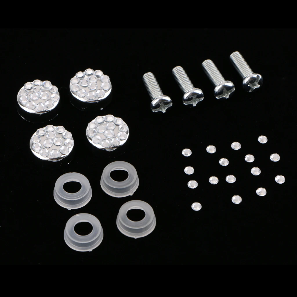 License Plate Tag Frame Fasteners Screws Bolts Chrome Diamante Caps Cover