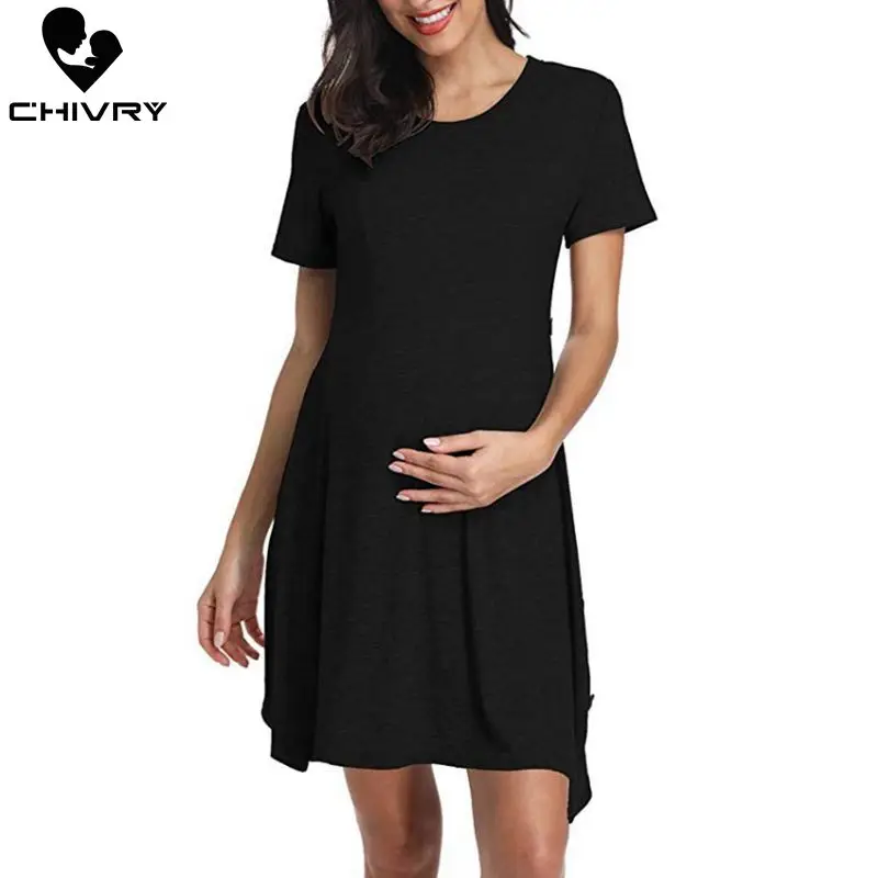 Модное женское платье для беременных с коротким рукавом, однотонное платье для беременных с круглым вырезом, ТРАПЕЦИЕВИДНОЕ платье для беременных женщин, ежедневные летние платья