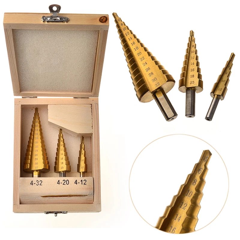 

3pcs HSS Hole Cutter 4-12/20/32mm Drill Bits Set Triangular Shank Large Step Core Cone Titanium Coated Hole Cutting Tools