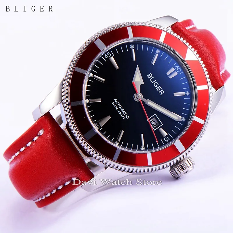 BLIGER 46 мм серебристый корпус из нержавеющей стали красный ободок светящиеся автоматические мужские наручные часы с датой