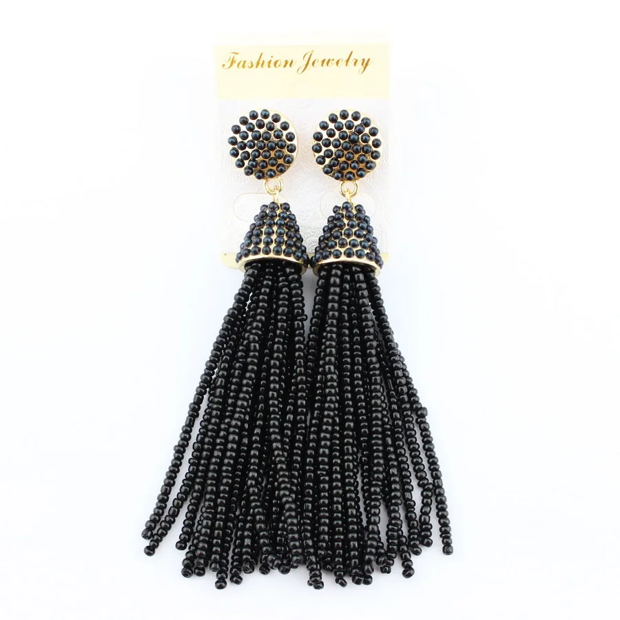

10 CM Boho Gold Black Seed Beads Tassels Earrings Handmade Fashion Women Bridal Tassel Earrings Long Dangle Earrings Wholesale