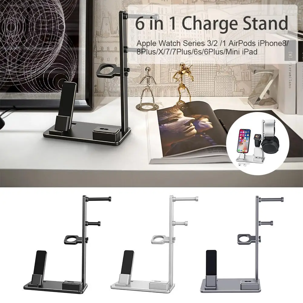 6 In 1 Apple Watch Stand Station Aluminum iWatch Charging Stand Dock Station Headphones Holder for Apple Watch Series 3 2 1 Ai