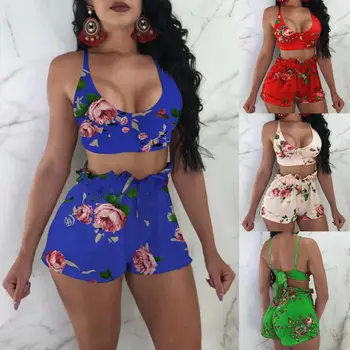 

Women Swimwear Set Print Sleeveless Short Tops +High Waist Shorts Two Piece Set Sexy Ladies Beach Swimwear Femme Summer Clothes