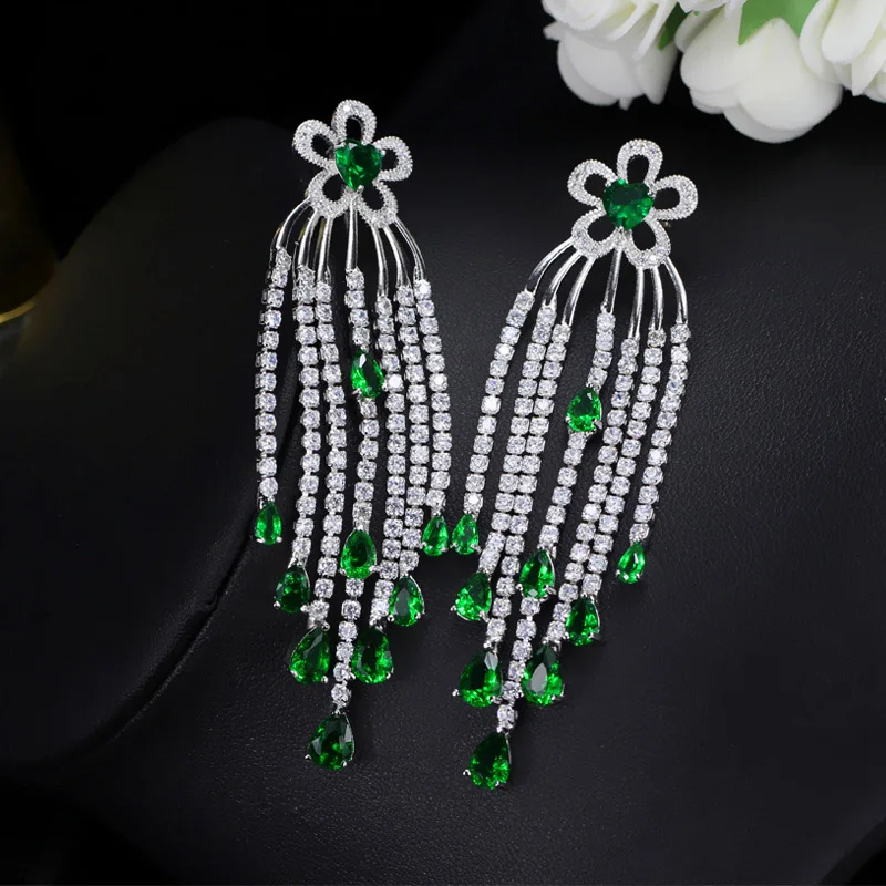 Green BeaQueen элегантные желтый кубический цирконий камень длинные висячие серьги с кисточками большие яркие свадебные украшения для Для женщин E068 - Окраска металла: Green