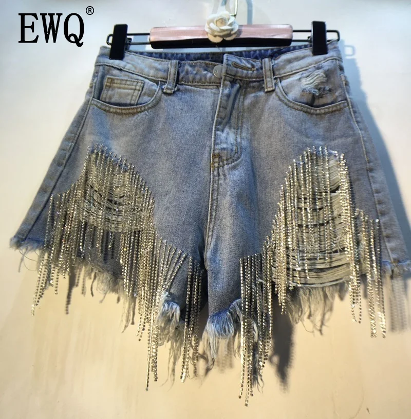 

[EWQ] 2019 Spring Summer 2019 Wear Heavy Tassels Nail Diamond Beads High All-match Thin Waist Cowboy Shorts Women AE32305