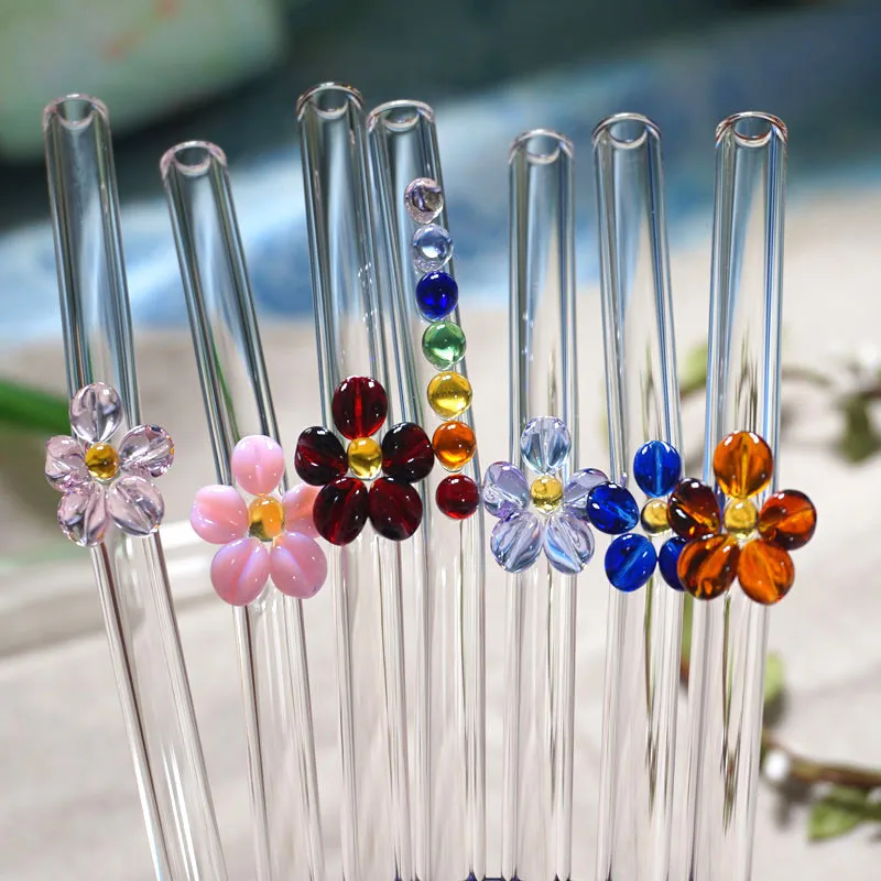 

11PCS Handmade Flower Glass Straw Drinking ECO-friendly Household Reusable Glass Straws Bent For Smoothies Tea Juice Coffee