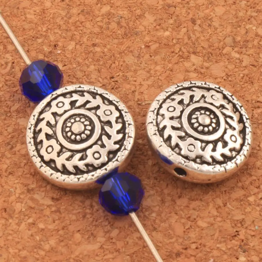 12pcs Flower Carved Etched Round Flat Beads 14.2X14.2mm Antique Silver