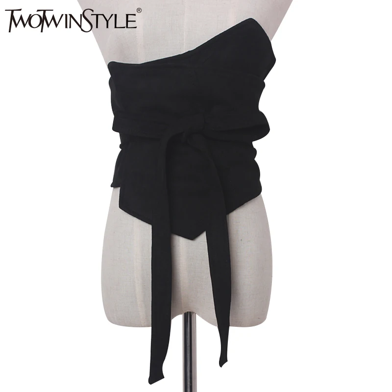 

TWOTWINSTYLE Bandage Bow Chain Wide Belts for Women Suede Girdle Asymmetry Black Women's Clothing Accessories Korean Fashion