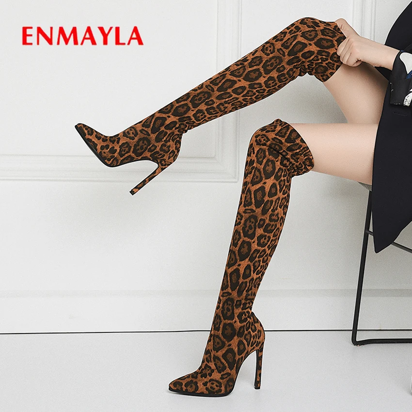 

ENMAYLA Leopard Winter Boots Women Flock Platform Over The Knee Boots Thigh High Boots Knee-High Split Leather Womens Shoes