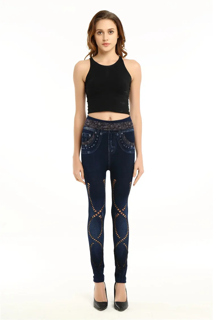 Fashion Slim Women Spring Summer Leggings Faux Denim Jeans Leggings Long Floral Printing Casual Pencil Pants Thin Fleece Inside white leggings