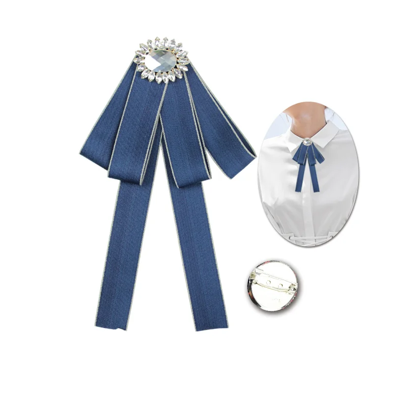 Blue Black Ribbon Bow Broche Rhinestone Inlay 14*23CM Long Ribbon