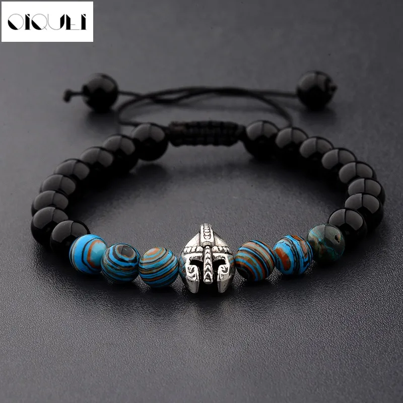 

OIQUEI 2018 Pulseira Masculina 8mm Onyx Stone Spartan Helmet Bead Woven Braided Bracelets Fashion Energy Yoga Bracelets For Men