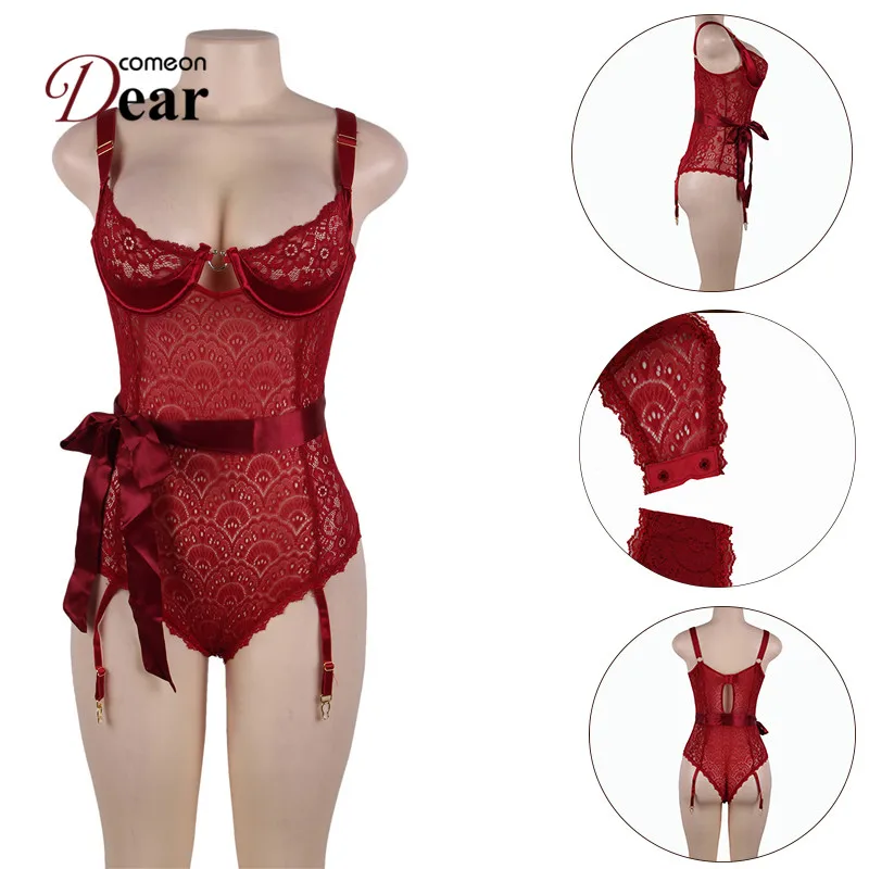 Comeondear Teddies женское кружевное горячее эротическое сексуальное белье, комбинация черные красные тонкие лямки с рисунком павлина Сексуальный Тедди RA80623