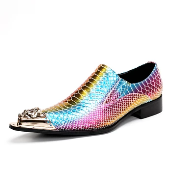 

Luxury Men Dress Shoes Handmade Genuine Leather Slip On SnakeSkin Italian Wedding Flats Shoes with Metal Toe Plus Size 38-47