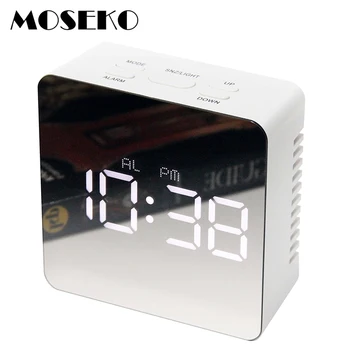 

MOSEKO Modern Portable Alarm Clock, Make-Up Mirror & Night Light Clock with LED Digital Thermometer,Travel Desktop Alarm Clock