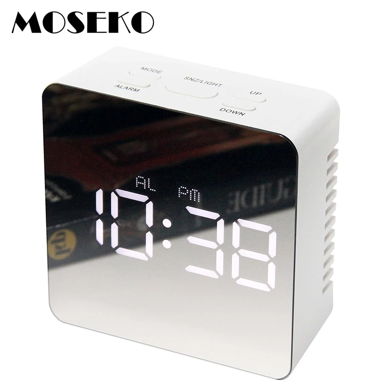 Online MOSEKO moderno reloj despertador portátil, maquillaje espejo y luz de noche con LED Termómetro Digital, viaje reloj despertador de escritorio