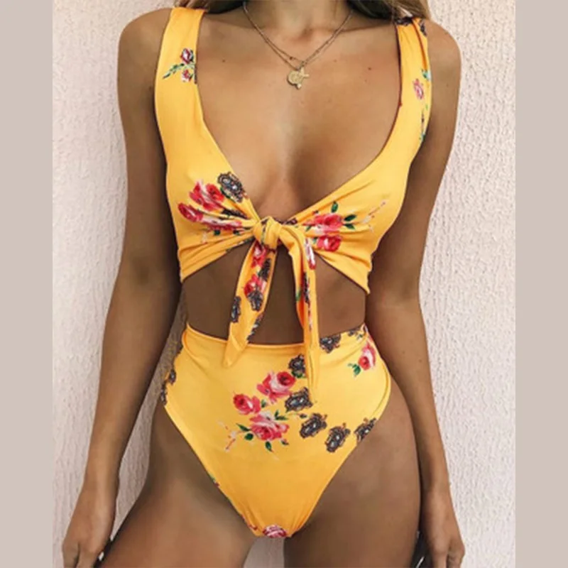 

tie high cut bikini brazilian yellow high waisted bikinis 2019 mujer push up women ladies 2 piece bathing suits maillot de bain