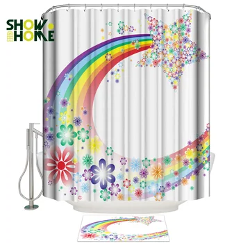 

Showhome Cartoon Rainbow Star 2 Piece Bathroom Set Shower Curtain Sets Bathroom Decor Set Fabric Indoor Modern Women Rings Cute